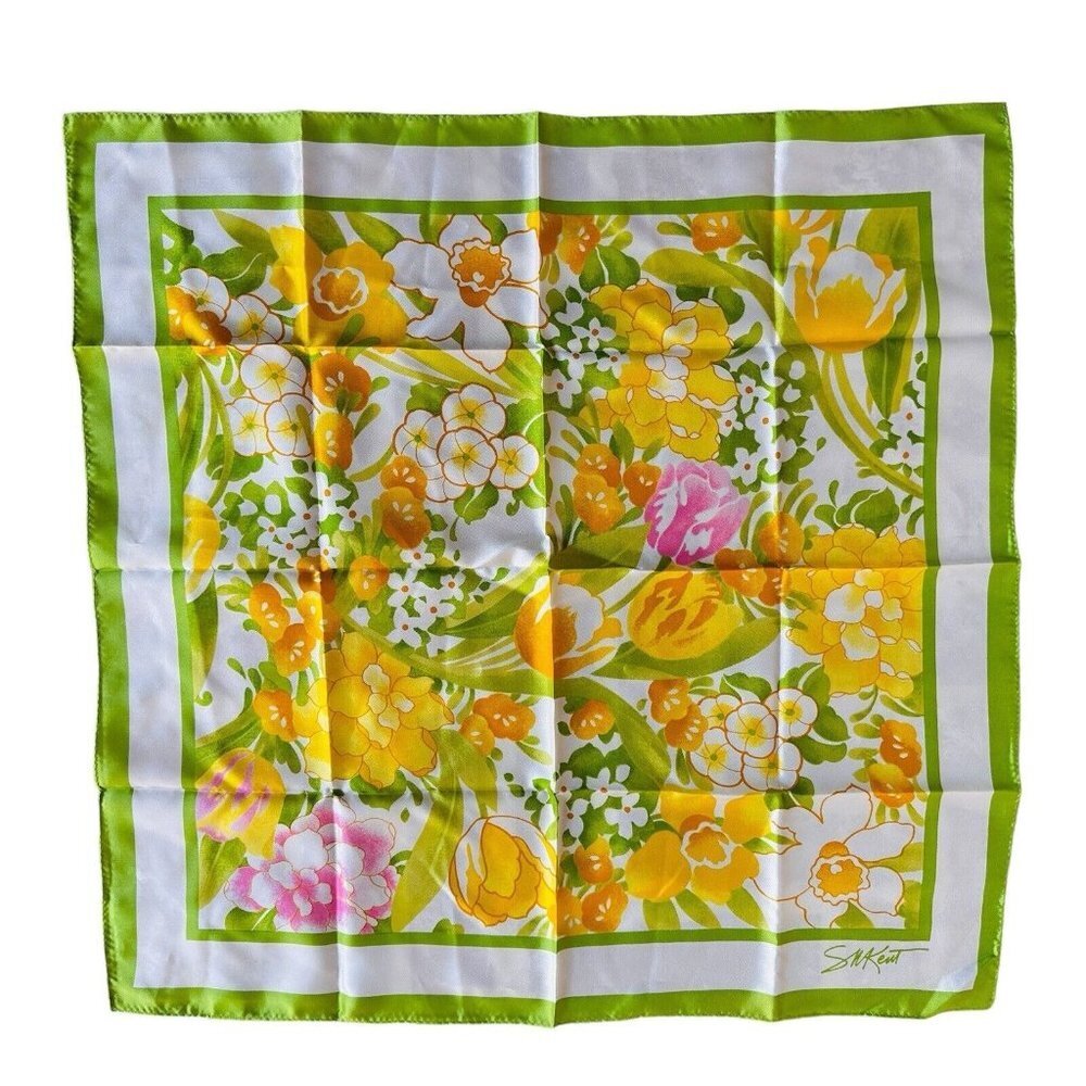 Vintage 1978 AVON Burst Of Spring S M KENT Scarf Lime green Yellow White‎ Japan
